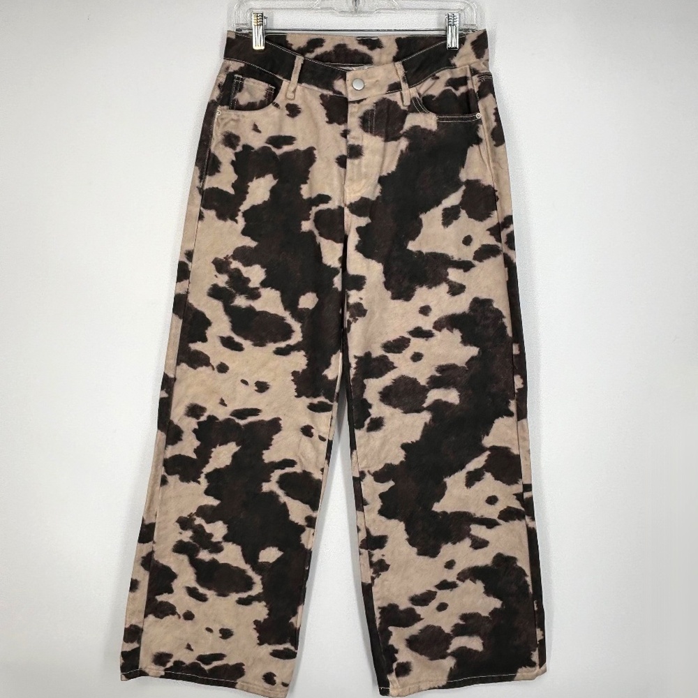 Riley & James Womens 6 Wide Leg Jeans Beige Brown Print Brushed Denim Mid Rise